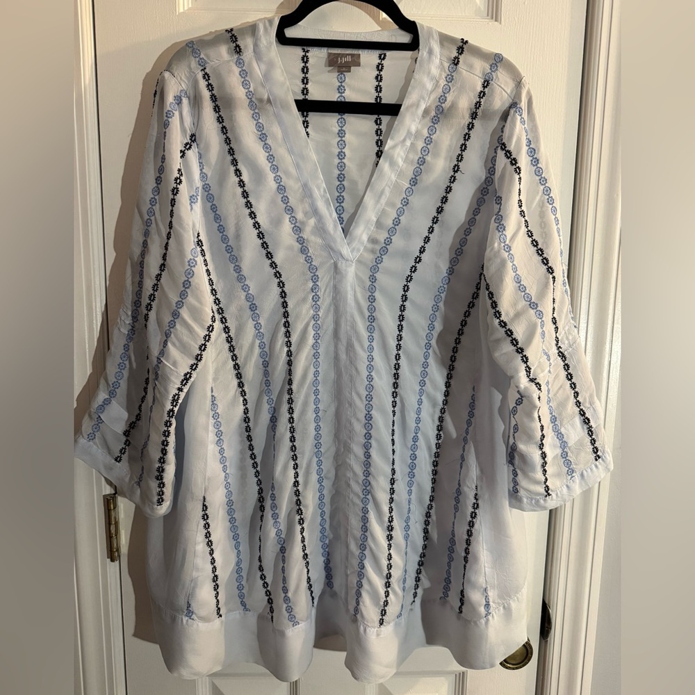 J. Jill Women’s Tunic Blouse V-Neck 3/4 Sleeve Geometric Print Blue Size Large - Picture 1 of 13